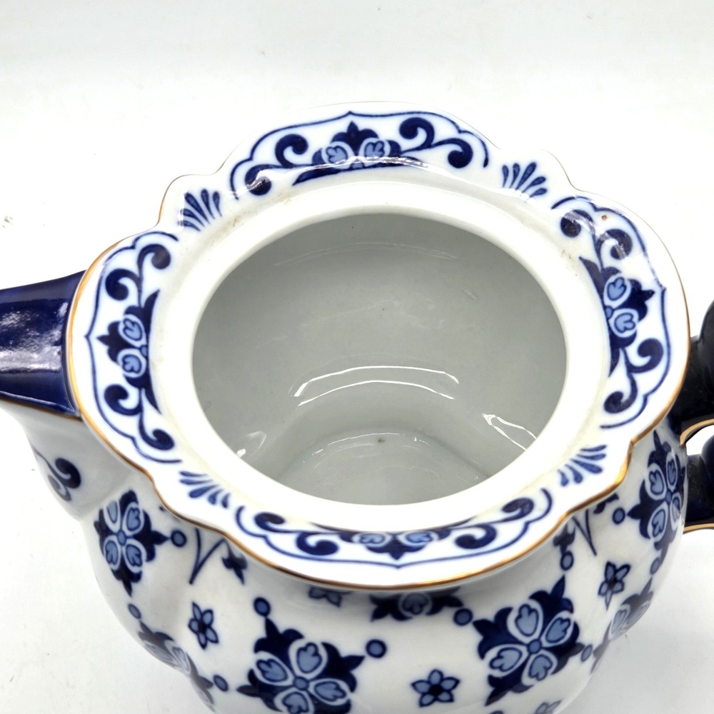 Bombay Summerhill Teapot Large Heavy Cobalt Blue & White Porcelain Gold Trim - Picture 9 of 10